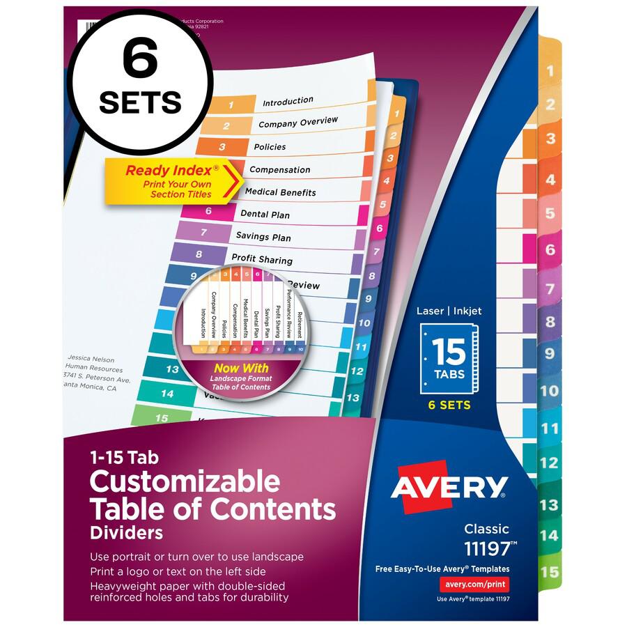 Avery&reg; Ready Index&reg; Table of Content Dividers for Laser and Inkjet Printers - 90 x Divider(s) - 1-15 - 15 Tab(s)/Set - 8.5" Divider Width x 11" Divider Length - 3 Hole Punched - White Paper Di. Picture 3