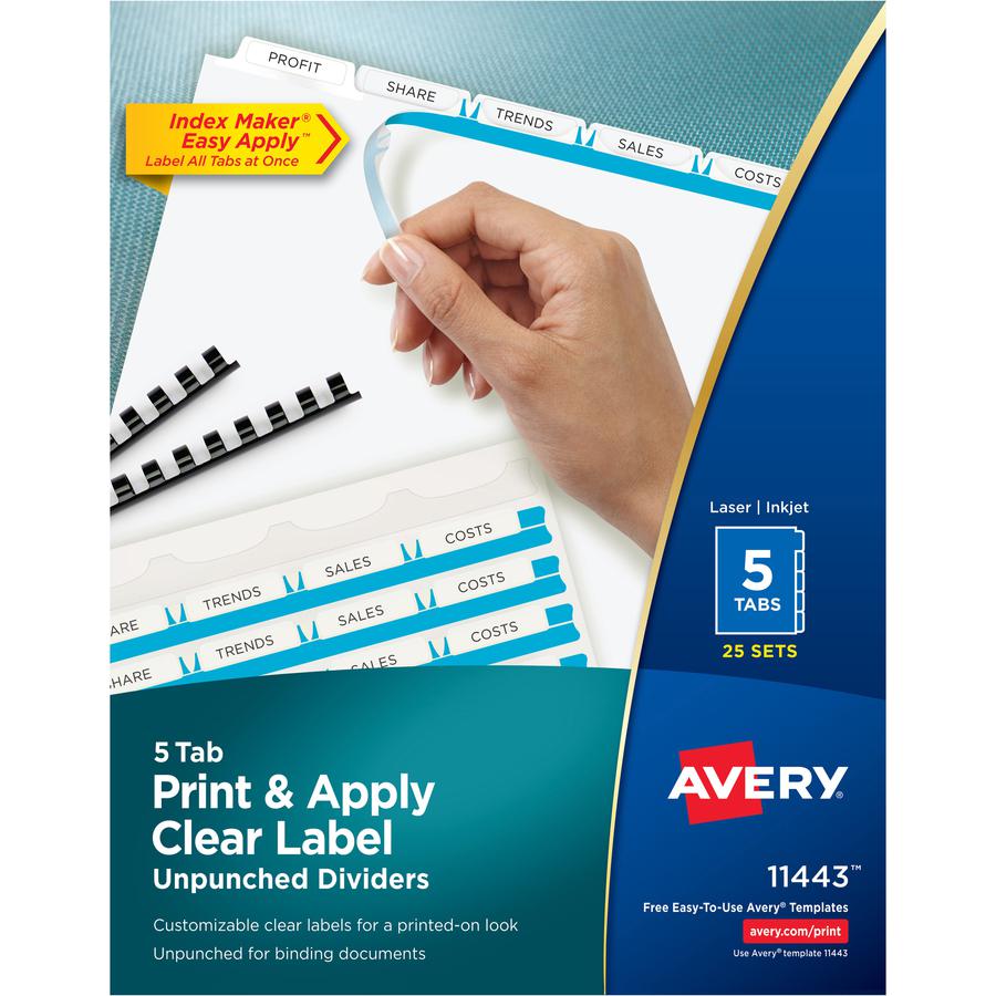 Avery&reg; Print & Apply Label Unpunched Dividers - Index Maker Easy Apply Label Strip - 125 x Divider(s) - 5 Blank Tab(s) - 5 Tab(s)/Set - 8.5" Divider Width x 11" Divider Length - Letter - White Pap. Picture 5