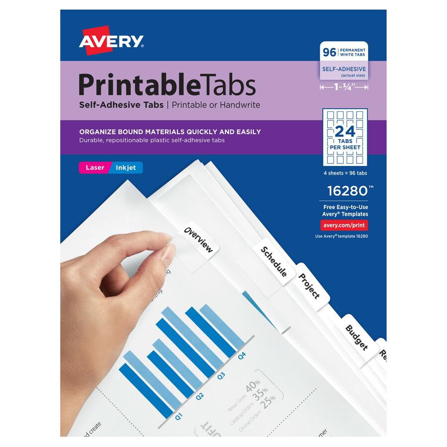 Avery&reg; Printable Repositionable Tabs - 96 Tab(s)1.25" Tab Width - Permanent - Paper Divider - White Paper Tab(s) - 96 / Pack. Picture 2