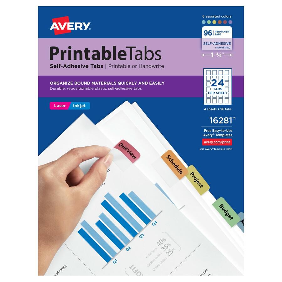Avery&reg; Printable Repositionable Tabs - 96 Tab(s)1.25" Tab Width - Permanent - Paper Divider - Assorted Paper Tab(s) - 96 / Pack. Picture 4