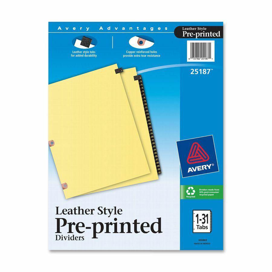 Avery&reg; Tab Divider - 31 x Divider(s) - 1-31 - 31 Tab(s)/Set - 8.5" Divider Width x 11" Divider Length - 3 Hole Punched - Buff Paper Divider - Black Paper, Leather Tab(s) - Recycled - 1. Picture 2