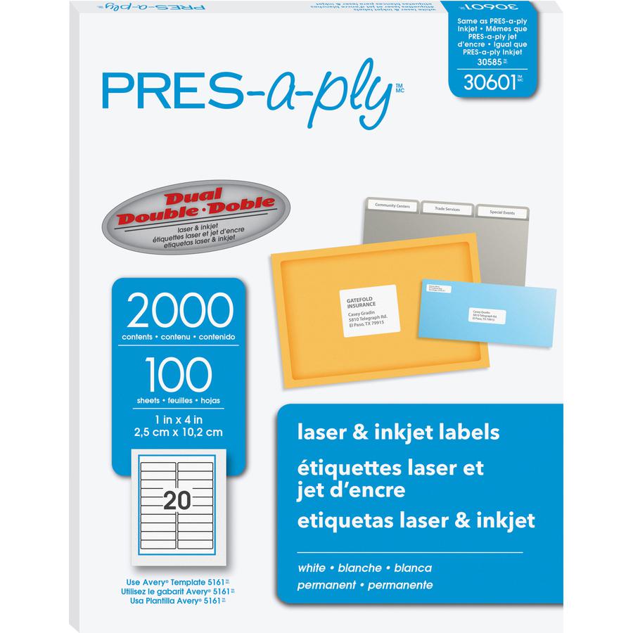 PRES-a-ply White Labels - 1" Width x 4" Length - Permanent Adhesive - Rectangle - Laser, Inkjet - White - Paper - 20 / Sheet - 100 Total Sheets - 2000 Total Label(s) - 2000 / Box. Picture 6