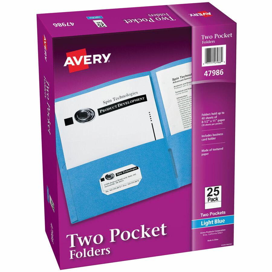 Avery&reg; Letter Pocket Folder - 8 1/2" x 11" - 40 Sheet Capacity - 2 Internal Pocket(s) - Embossed Paper - Light Blue - 25 / Box. Picture 2