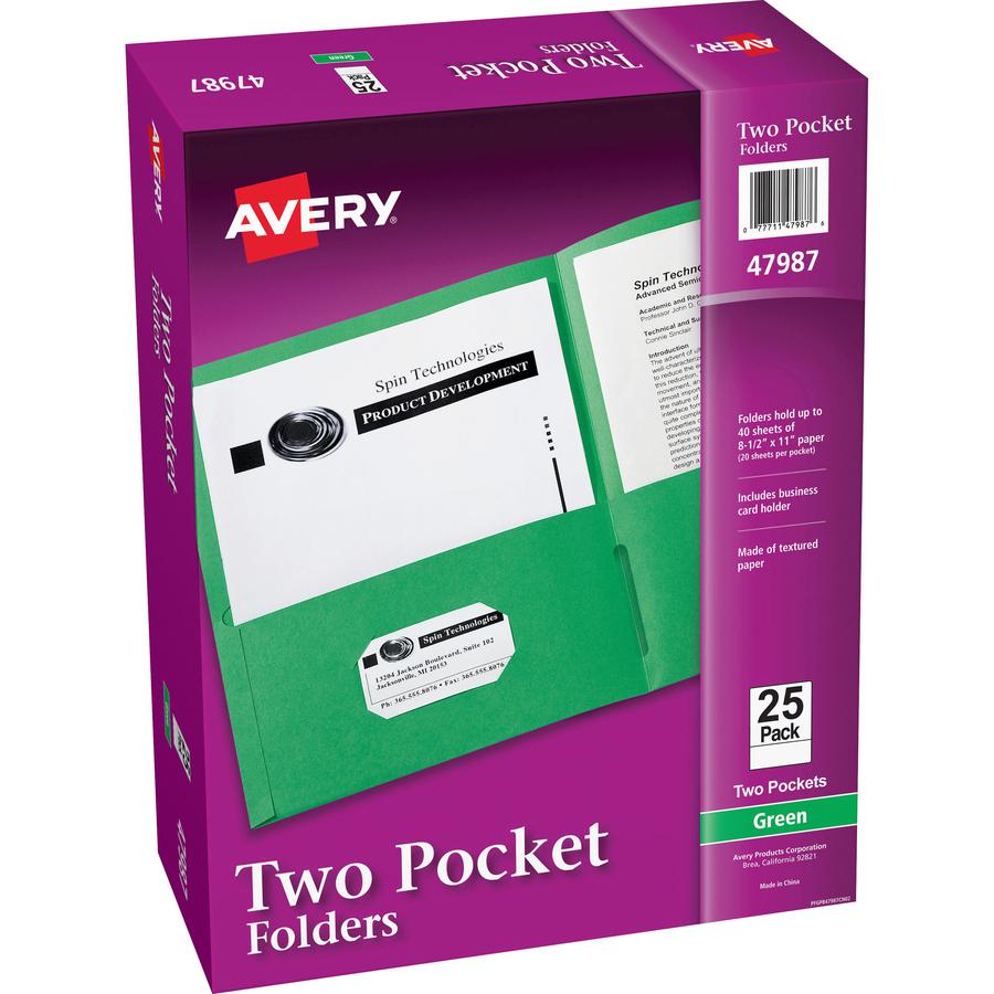 Avery&reg; Letter Pocket Folder - 8 1/2" x 11" - 40 Sheet Capacity - 2 Internal Pocket(s) - Embossed Paper - Green - 25 / Box. Picture 2
