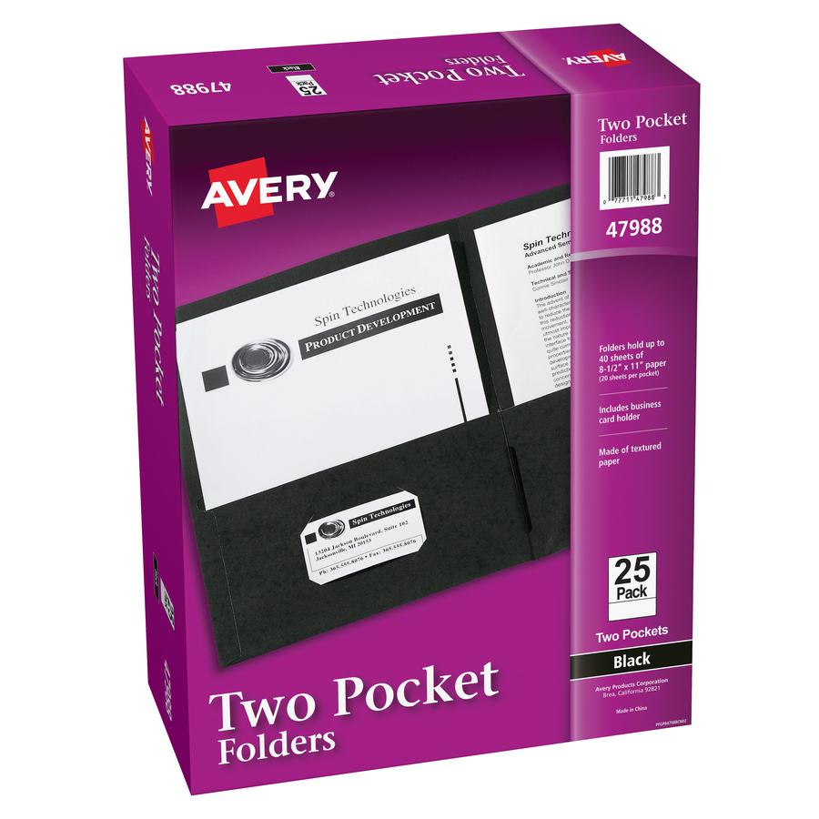 Avery&reg; Letter Pocket Folder - 8 1/2" x 11" - 40 Sheet Capacity - 2 Internal Pocket(s) - Embossed Paper - Black - 25 / Box. Picture 2