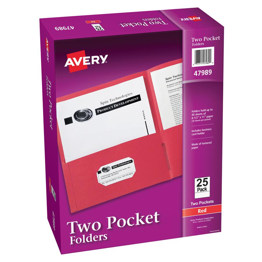 Avery&reg; Letter Pocket Folder - 8 1/2" x 11" - 40 Sheet Capacity - 2 Internal Pocket(s) - Embossed Paper - Red - 25 / Box. Picture 2