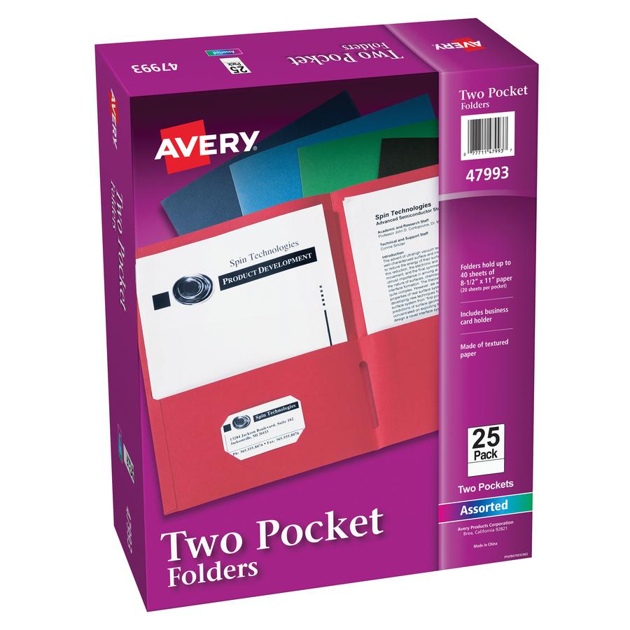 Avery&reg; Letter Pocket Folder - 8 1/2" x 11" - 40 Sheet Capacity - 2 Internal Pocket(s) - Embossed Paper - Assorted - 25 / Box. Picture 2