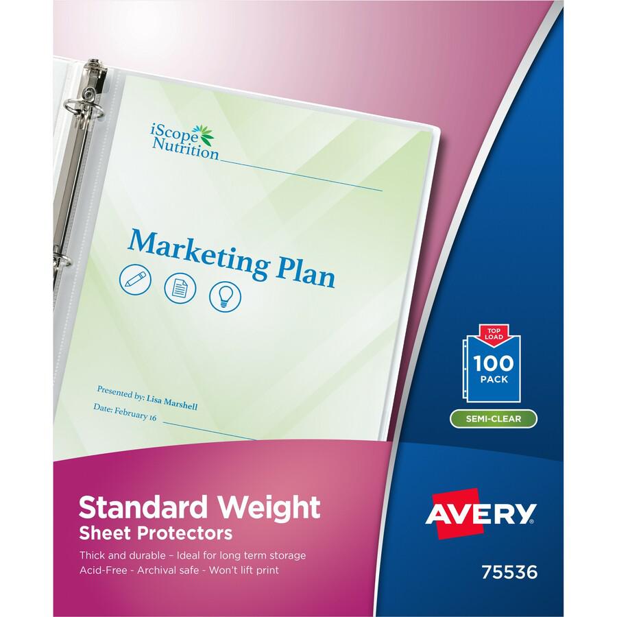 Avery&reg; Standard Weight Sheet Protectors - Sheet Capacity - For Letter 8 1/2" x 11" Sheet - Ring Binder - Top Loading - Clear - Polypropylene - 100 / Box. Picture 2