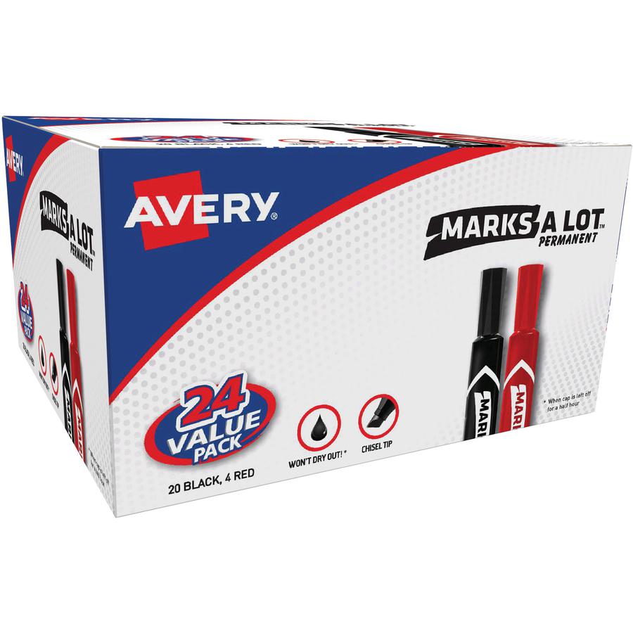 Avery&reg; Permanent Markers - 4.7625 mm Marker Point Size - Chisel Marker Point Style - Red, Black - 24 / Box. Picture 3