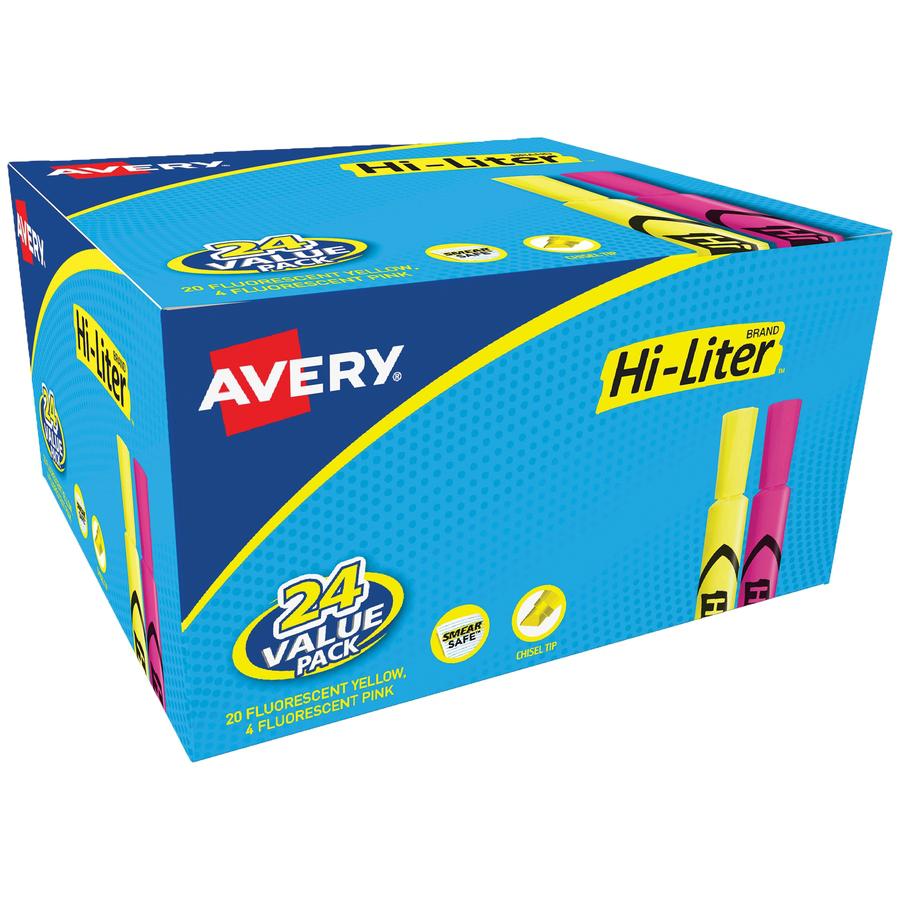Avery&reg; Hi-Liter Desk-Style Highlighters - SmearSafe - Chisel Marker Point Style - Fluorescent Yellow, Fluorescent Pink Water Based Ink - 24 / Box. Picture 3