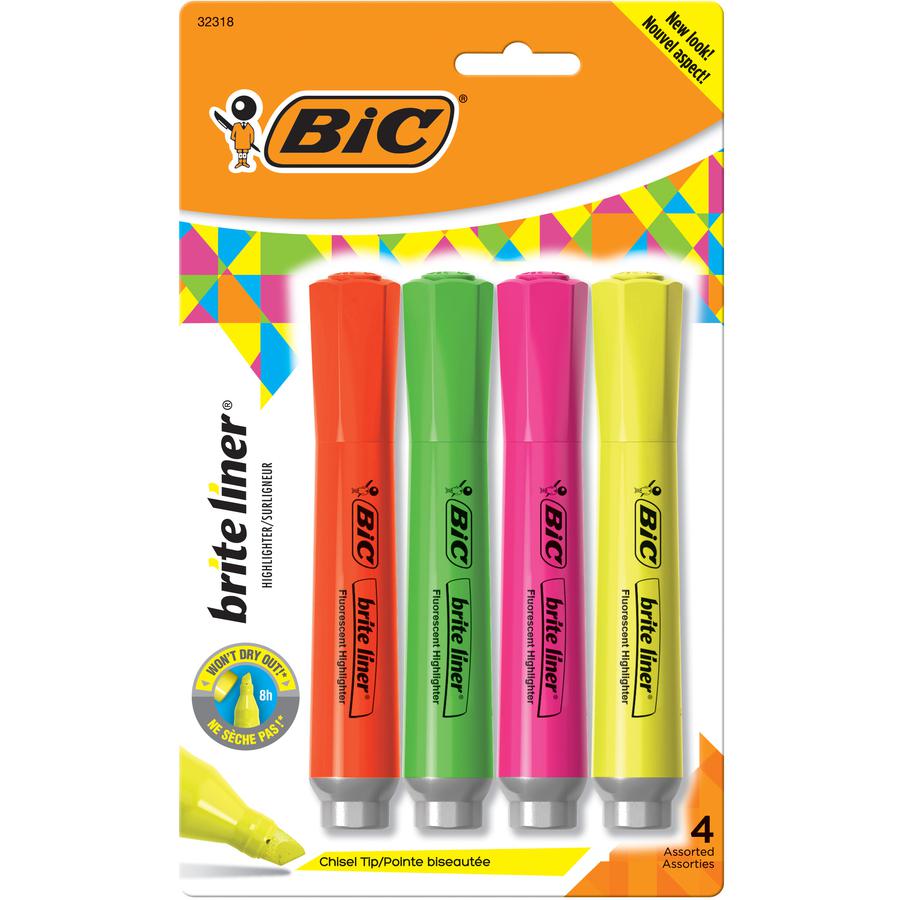 BIC Brite Liner Fluorescent Highlighters - Chisel Marker Point Style - Fluorescent Assorted - 4 / Set. Picture 2