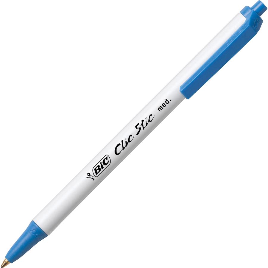 BIC Clic Stic Retractable Ballpoint Pens - Medium Pen Point - Round Pen Point Style - Retractable - Blue - Clear Barrel - 1 Dozen. Picture 3