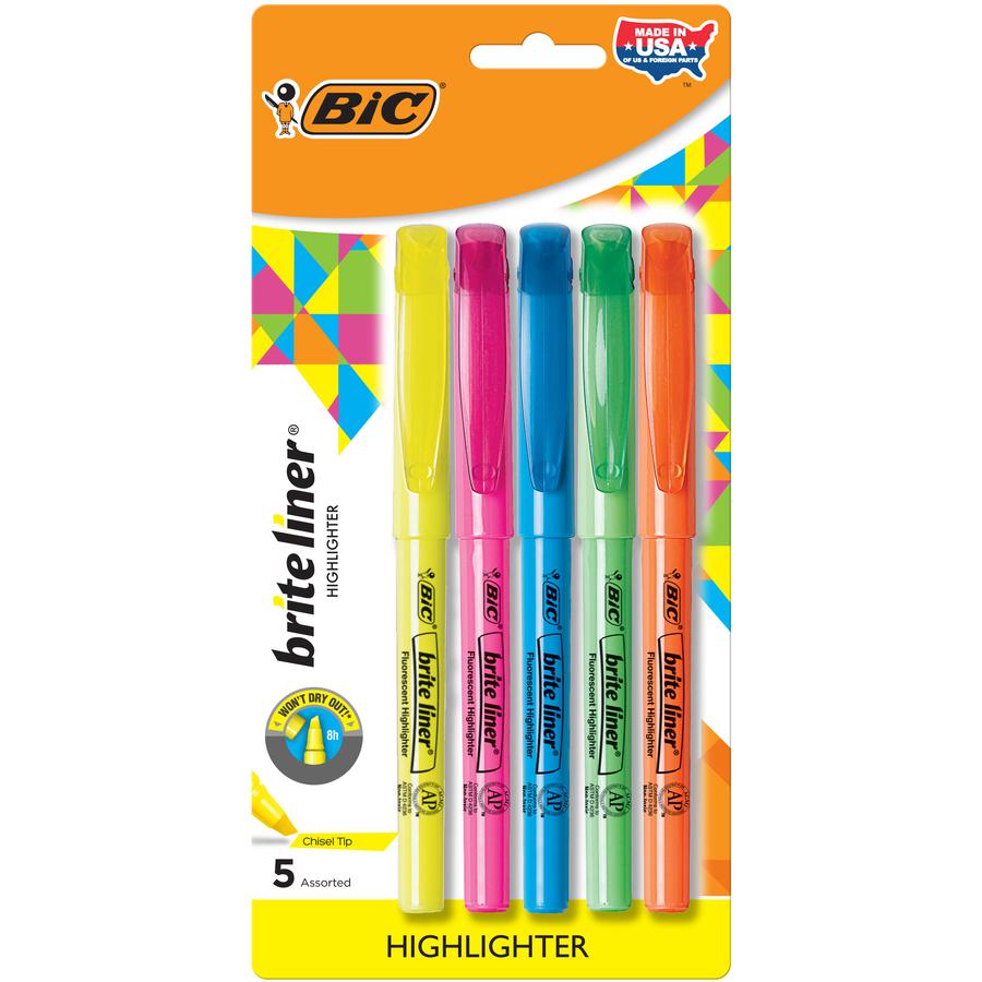 BIC Brite Liner Grip Highlighters - Chisel Marker Point Style - Assorted - 5 / Set. Picture 3