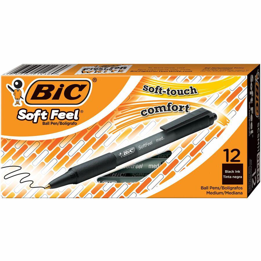 BIC SoftFeel Retractable Ball Pens - Medium Pen Point - Retractable - Black - Black Rubber Barrel - 1 Dozen. Picture 6
