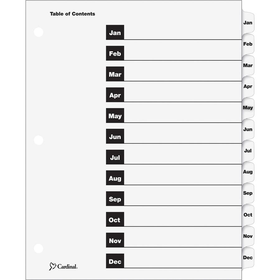 Cardinal OneStep Monthly Index System - 12 x Divider(s) - Printed Tab(s) - Month - Jan-Dec - 12 Tab(s)/Set - 9" Divider Width x 11" Divider Length - Letter - 8.50" Width x 11" Length - 3 Hole Punched . Picture 2