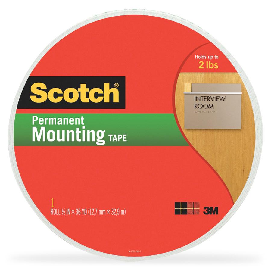 Scotch Double-Coated Foam Mounting Tape - 36 yd Length x 0.50" Width - 62.5 mil Thickness - 1" Core - Polyurethane - Long Lasting, Temperature Resistant - For Mounting - 1 / Roll - White. Picture 4