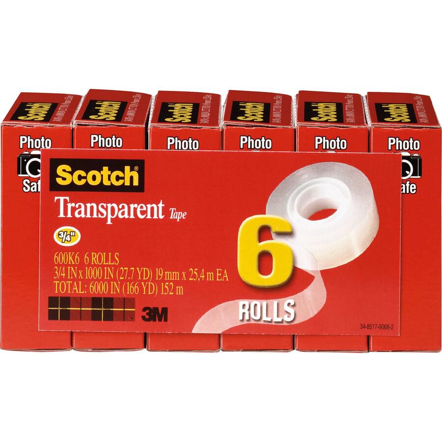 Scotch Transparent Tape - 3/4"W - 27.78 yd Length x 0.75" Width - 1" Core - Moisture Resistant, Stain Resistant, Long Lasting - For Mending, Packing, Multipurpose, Wrapping, Label Protection - 6 / Pac. Picture 3