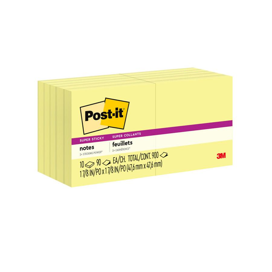 Post-it&reg; Super Sticky Adhesive Notes - 900 - 2" x 2" - Square - 90 Sheets per Pad - Unruled - Yellow - Paper - Self-adhesive - 10 / Pack. Picture 3