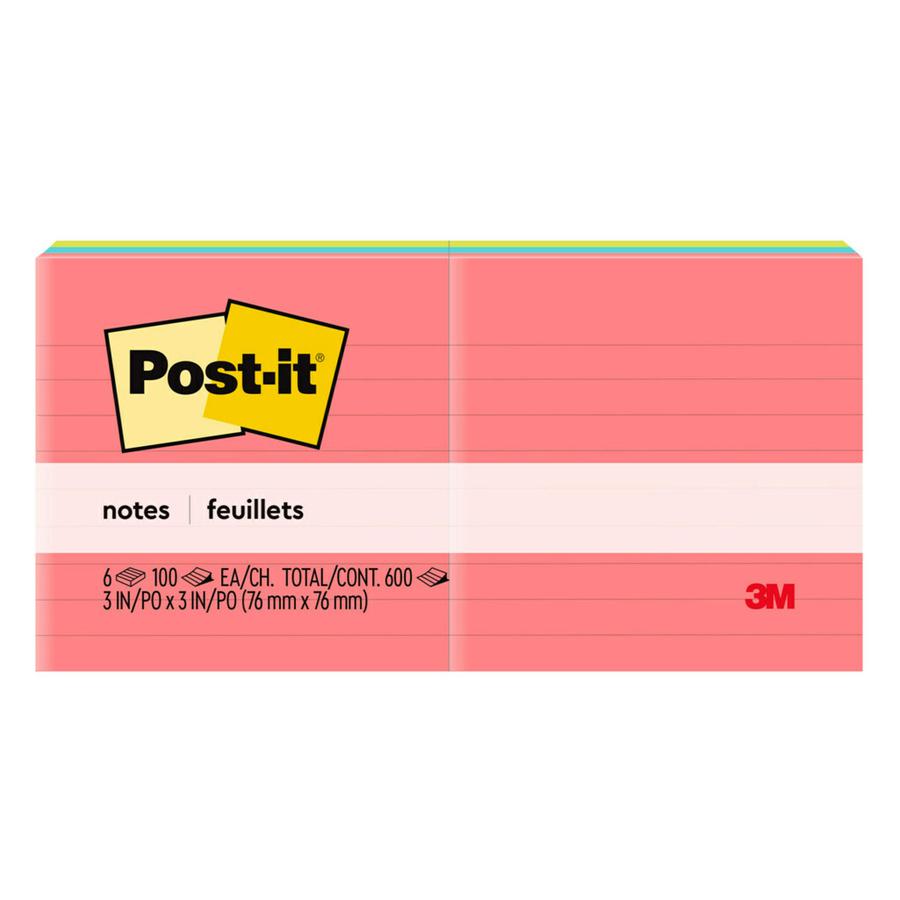 Post-it&reg; Lined Notes - Poptimistic Color Collection - 600 - 3" x 3" - Square - 100 Sheets per Pad - Ruled - Pink, Blue, Green - Paper - Self-adhesive, Repositionable - 6 / Pack. Picture 4