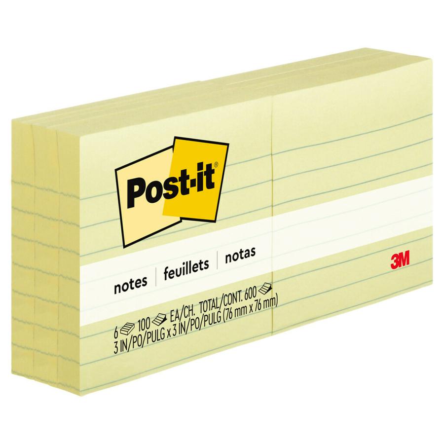 Post-it&reg; Notes Original Lined Notepads - 600 x Canary Yellow - 3" x 3" - Square - 100 Sheets per Pad - Ruled - Canary Yellow - Paper - Self-adhesive, Repositionable, Removable - 6 / Pack. Picture 2
