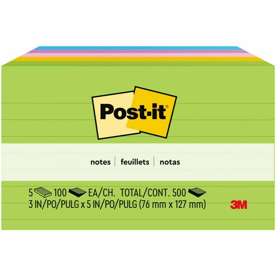 Post-it&reg; Notes Original Lined Notepads - Jaipur Color Collection - 500 - 3" x 5" - Rectangle - 100 Sheets per Pad - Ruled - Assorted - Paper - Self-adhesive, Repositionable - 5 / Pack. Picture 2