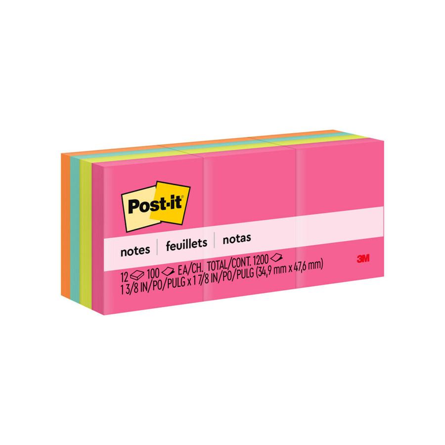 Post-it&reg; Notes Original Notepads - Poptimistic Color Collection - 1200 - 1.50" x 2" - Rectangle - 100 Sheets per Pad - Unruled - Power Pink, Acid Lime, Aqua Splash, Vital Orange - Paper - Self-adh. Picture 3