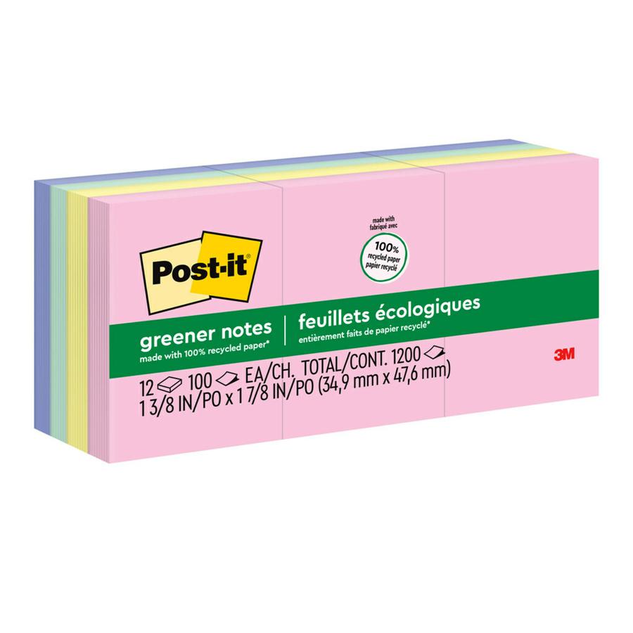 Post-it&reg; Greener Notes - 1200 - 1 1/2" x 2" - Rectangle - 100 Sheets per Pad - Unruled - Positively Pink, Canary Yellow, Fresh Mint, Moonstone - Paper - Self-adhesive, Repositionable - 12 / Pack -. Picture 2