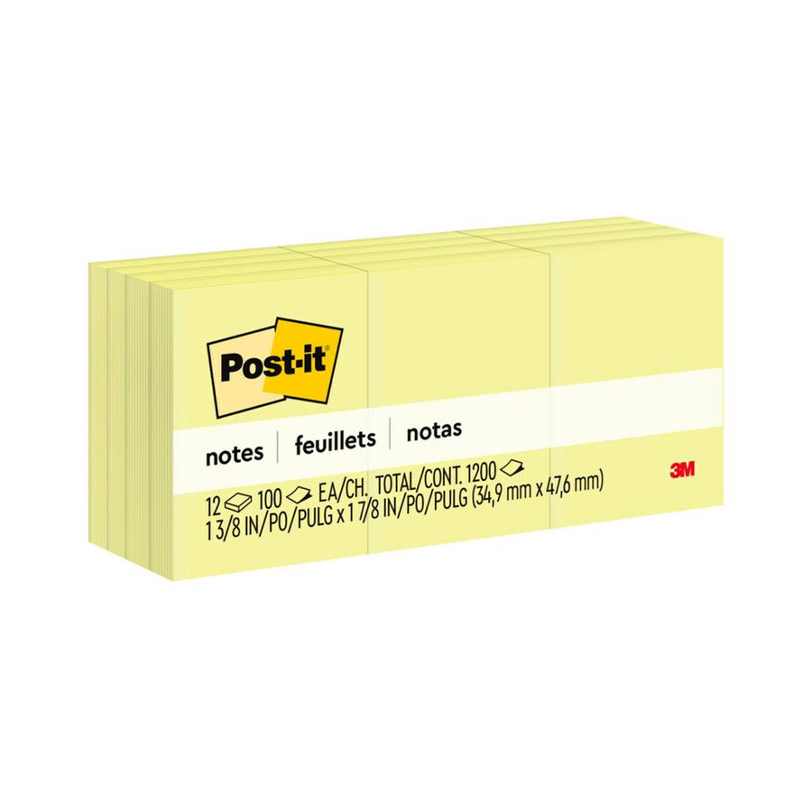 Post-it&reg; Notes Original Notepads - 1 3/8" x 1 7/8" - Rectangle - 100 Sheets per Pad - Unruled - Canary Yellow - Paper - Self-adhesive, Repositionable - 12 / Pack. Picture 3