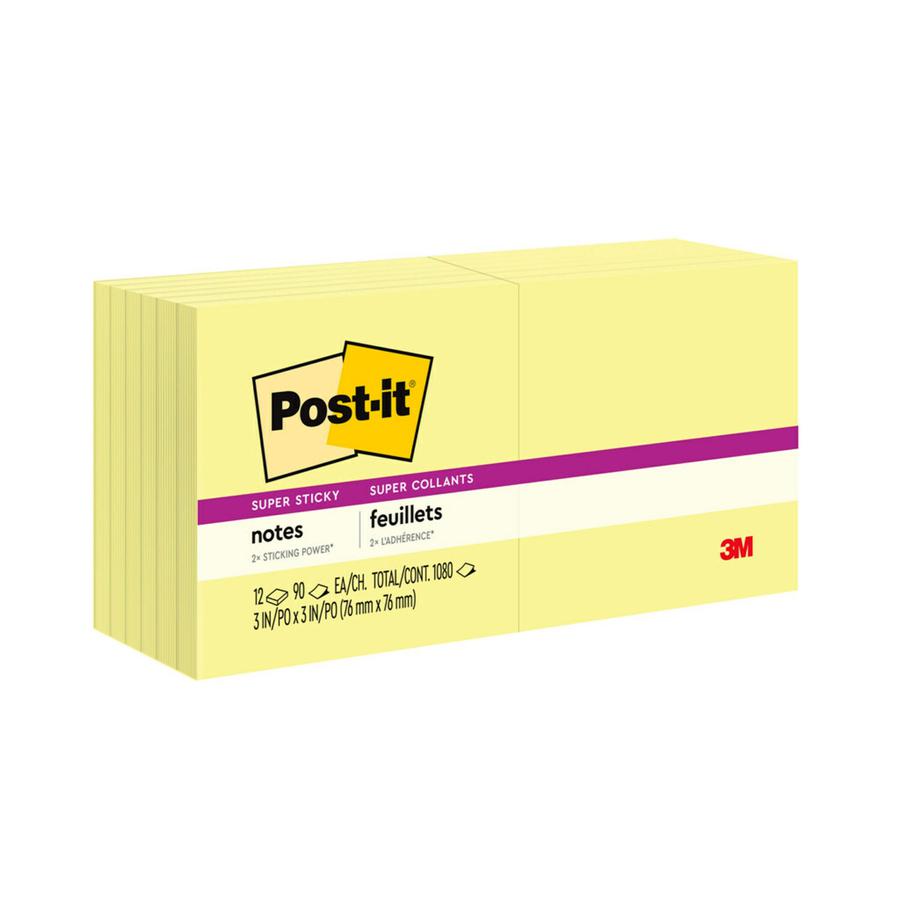 Post-it&reg; Super Sticky Notes - 1080 - 3" x 3" - Square - 90 Sheets per Pad - Unruled - Canary Yellow - Paper - Self-adhesive - 12 / Pack. Picture 2