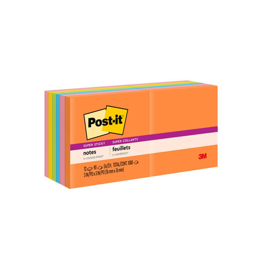 Post-it&reg; Super Sticky Notes - Rio de Janeiro Color Collection - 1080 - 3" x 3" - Square - 90 Sheets per Pad - Unruled - Assorted - Paper - Self-adhesive - 12 / Pack. Picture 3