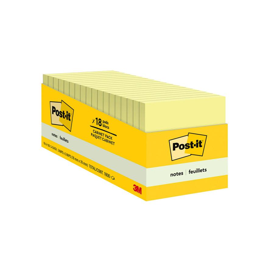 Post-it&reg; Notes Cabinet Pack - 1620 - 3" x 3" - Square - 90 Sheets per Pad - Unruled - Canary Yellow - Paper - Self-adhesive, Repositionable - 18 / Pack. Picture 3