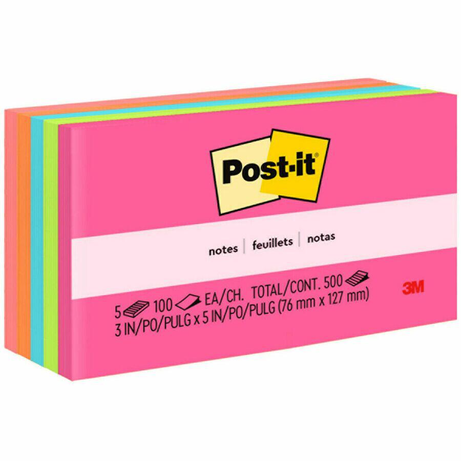 Post-it&reg; Notes Original Notepads - Poptimistic Color Collection - 500 - 3" x 5" - Rectangle - 100 Sheets per Pad - Unruled - Power Pink, Acid Lime, Vital Orange, Aqua Splash, Guava - Paper - Self-. Picture 5