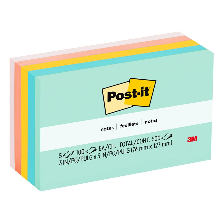Post-it&reg; Notes Original Notepads - Marseille Color Collection - 500 - 3" x 5" - Rectangle - 100 Sheets per Pad - Unruled - Assorted - Paper - Self-adhesive, Repositionable - 5 / Pack. Picture 3