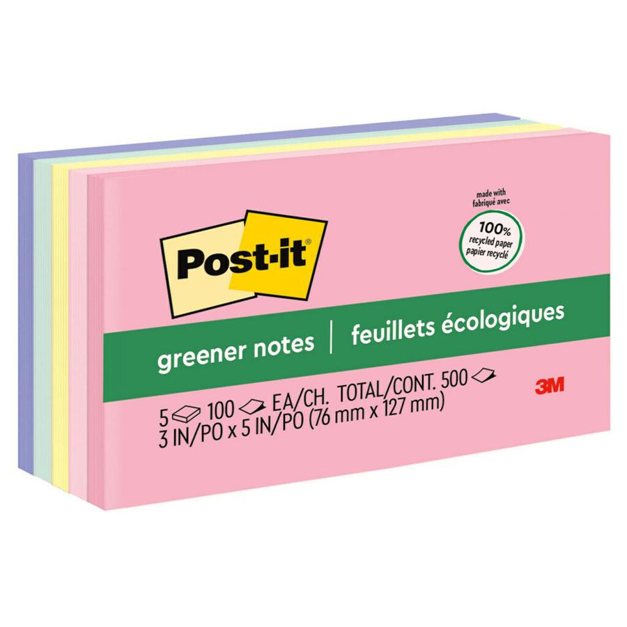 Post-it&reg; Greener Notes - Sweet Sprinkles Color Collection - 500 - 3" x 5" - Rectangle - 100 Sheets per Pad - Unruled - Positively Pink, Pink Salt, Canary Yellow, Fresh Mint, Moonstone - Paper - Se. Picture 3