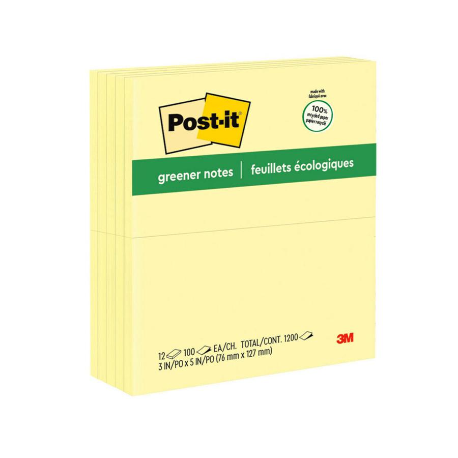 Post-it&reg; Greener Notes - 1200 - 3" x 5" - Rectangle - 100 Sheets per Pad - Unruled - Canary Yellow - Paper - Self-adhesive, Repositionable - 12 / Pack - Recycled. Picture 4