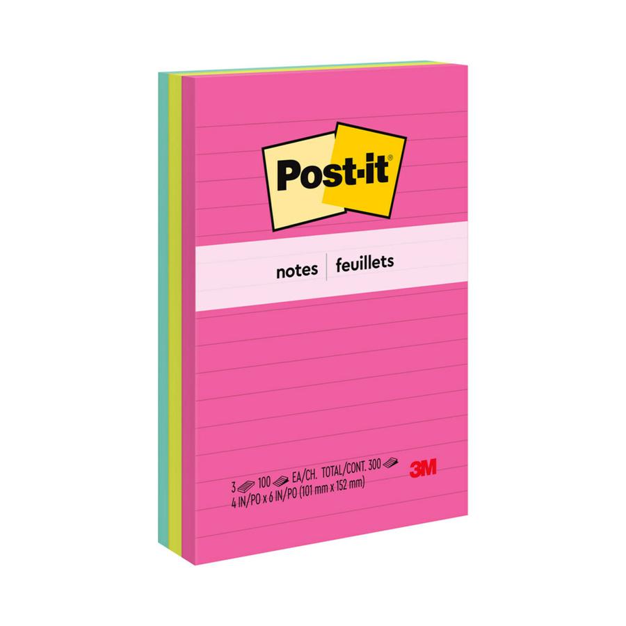 Post-it&reg; Lined Notes - Poptimistic Color Collection - 300 - 4" x 6" - Rectangle - 100 Sheets per Pad - Ruled - Power Pink, Neon Green, Aqua - Paper - Self-adhesive, Repositionable - 3 / Pack. Picture 4
