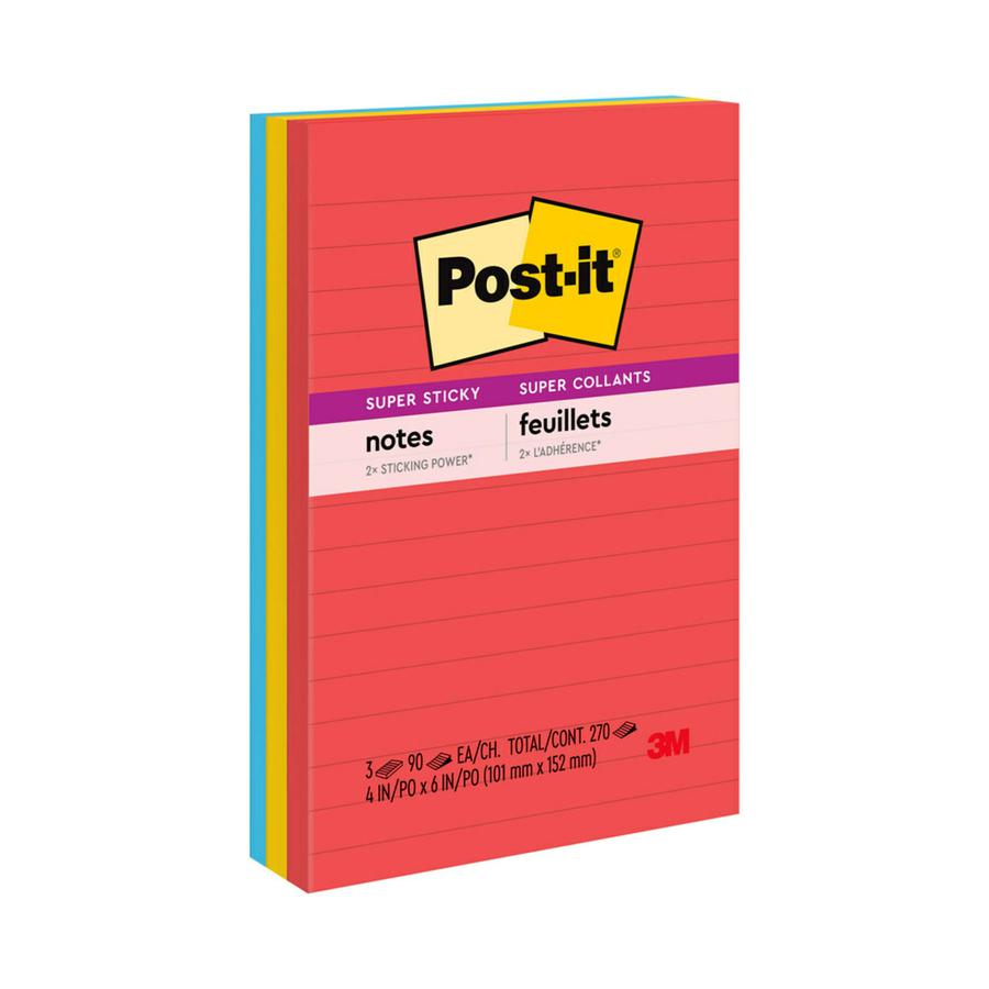 Post-it&reg; Notes Original Lined Notepads -Playful Primaries Color Collection - 270 - 4" x 6" - Rectangle - 90 Sheets per Pad - Ruled - Candy Apple Red, Sunnyside, Blue Paradise - Paper - Self-adhesi. Picture 4
