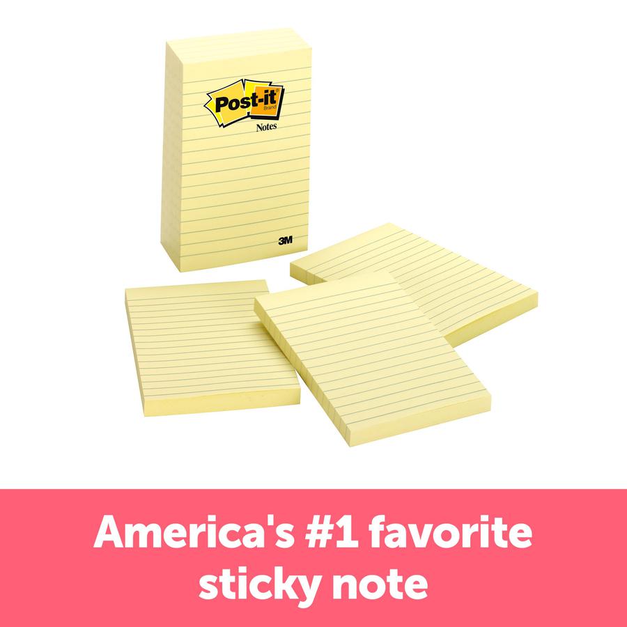 Post-it&reg; Lined Notes - 500 - 4" x 6" - Rectangle - 100 Sheets per Pad - Ruled - Yellow - Paper - Self-adhesive, Repositionable - 5 / Pack. Picture 3