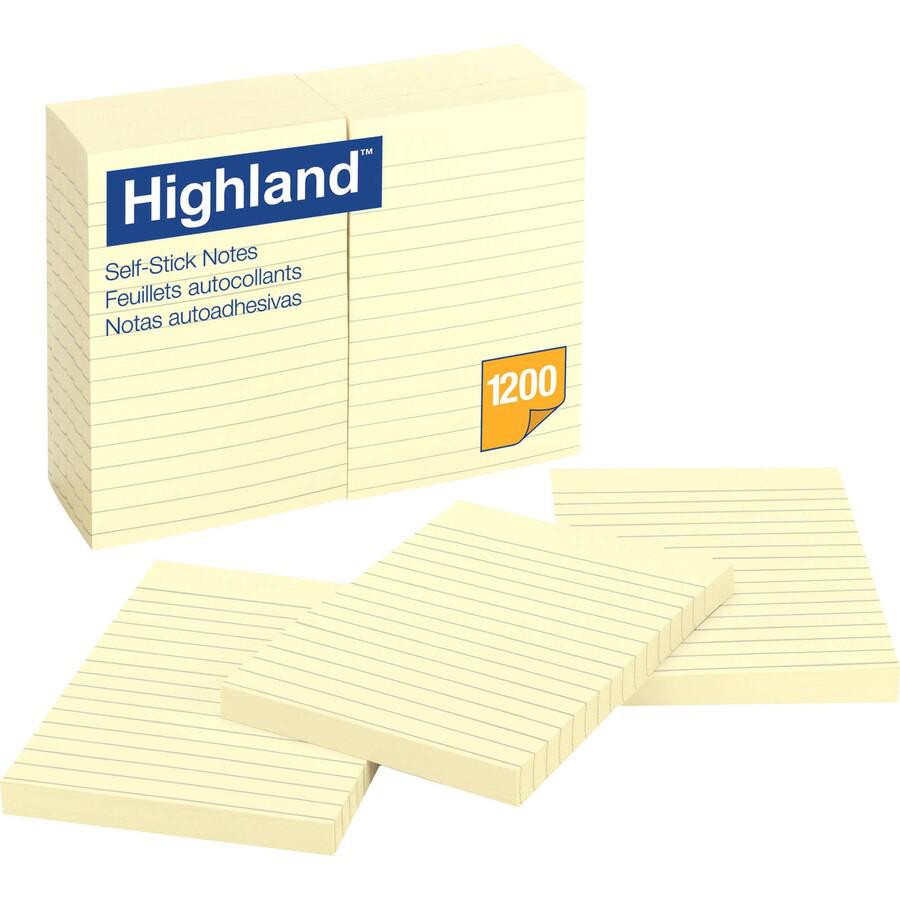 Highland Self-sticking Lined Notepads - 1200 - 4" x 6" - Rectangle - 100 Sheets per Pad - Ruled - Yellow - Paper - Self-adhesive - 12 / Pack. Picture 2