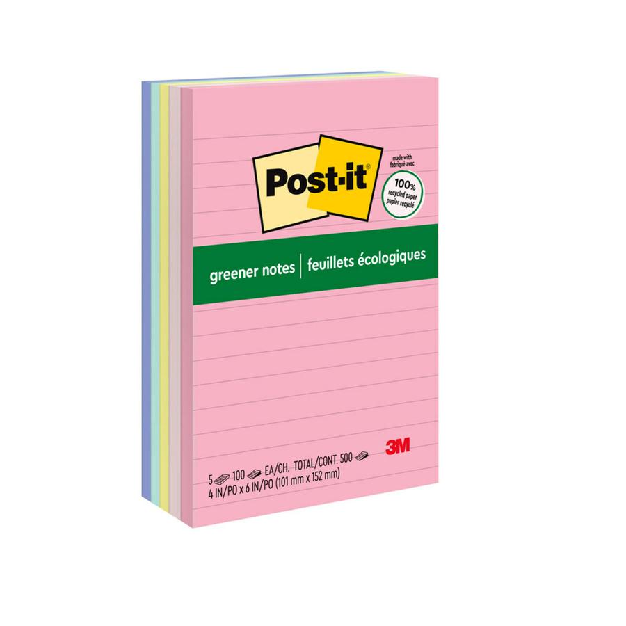 Post-it&reg; Greener Lined Notes - Sweet Sprinkles Color Collection - 500 x Assorted - 4" x 6" - Rectangle - 100 Sheets per Pad - Ruled - Positively Pink, Canary Yellow, Fresh Mint, Moonstone - Paper . Picture 3