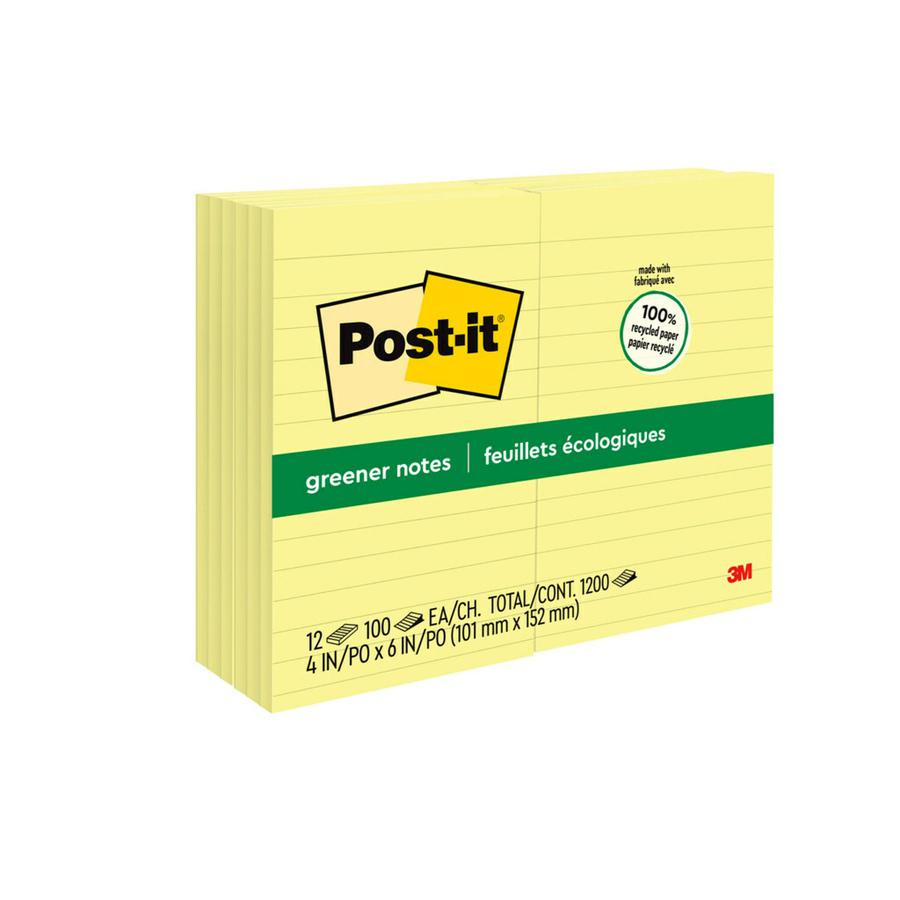 Post-it&reg; Greener Notes - 1200 - 4" x 6" - Rectangle - 100 Sheets per Pad - Ruled - Canary Yellow - Paper - Self-adhesive, Repositionable - 12 / Pack - Recycled. Picture 3