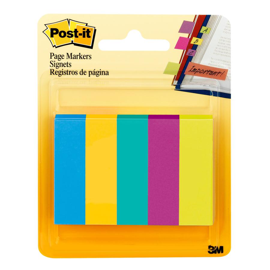 Post-it&reg; Page Markers - 100 - 1/2" x 2" - Rectangle - Unruled - Electric Blue, Yellow, Aqua Wave, Light Mulberry, Neon Green - Paper - Removable, Self-adhesive - 500 / Pack. Picture 3