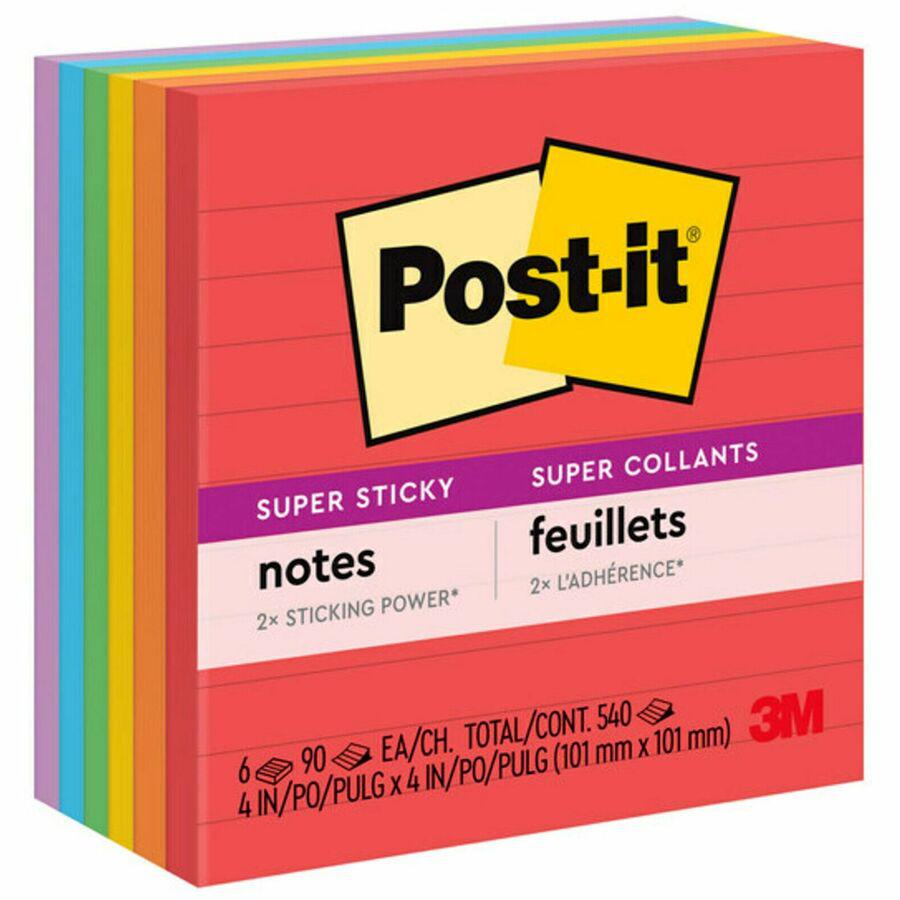 Post-it&reg; Super Sticky Lined Notes - Playful Primaries Color Collection - 540 - 4" x 4" - Square - 90 Sheets per Pad - Ruled - Candy Apple Red, Vital Orange, Lucky Green, Sunnyside, Blue Paradise, . Picture 4