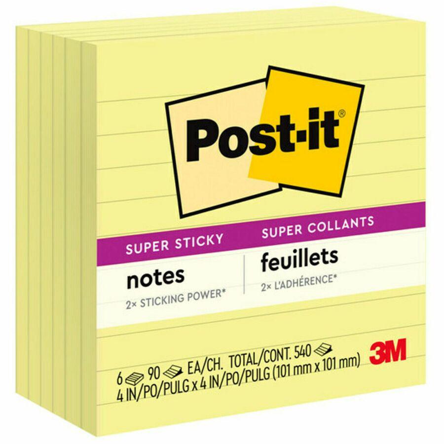 Post-it&reg; Super Sticky Lined Notes - 540 - 4" x 4" - Square - 90 Sheets per Pad - Ruled - Canary Yellow - Paper - Self-adhesive - 6 / Pack. Picture 6