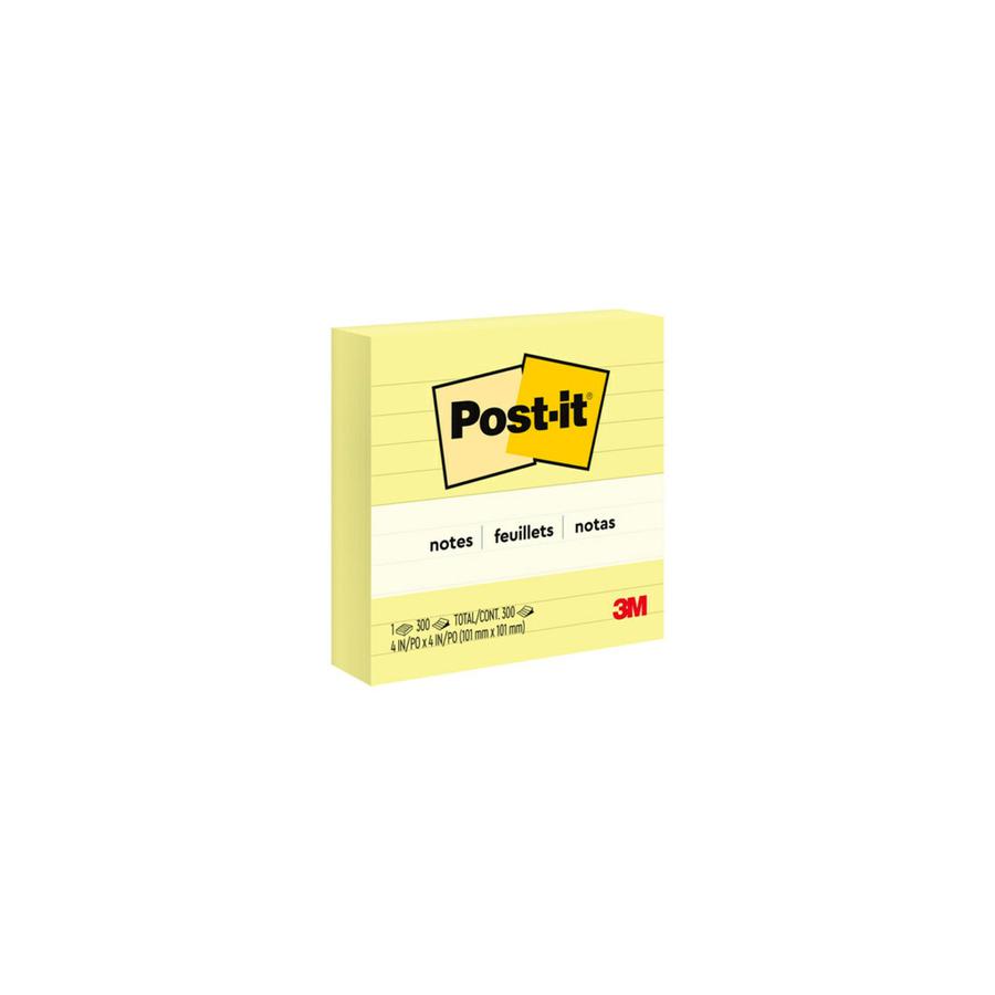 Post-it&reg; Lined Notes - 300 - 4" x 4" - Square - 300 Sheets per Pad - Ruled - Canary Yellow - Paper - Recyclable - 300 / Pad. Picture 3