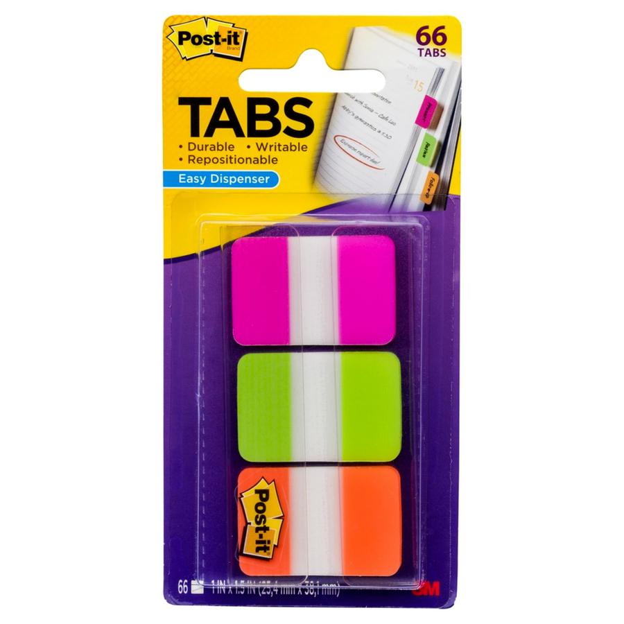 Post-it&reg; Durable Tabs - 1.50" Tab Height x 1" Tab Width - Removable - Pink, Purple, Orange, Semi-transparent Tab(s) - Wear Resistant, Tear Resistant, Durable, Repositionable, Writable, Removable, . Picture 2