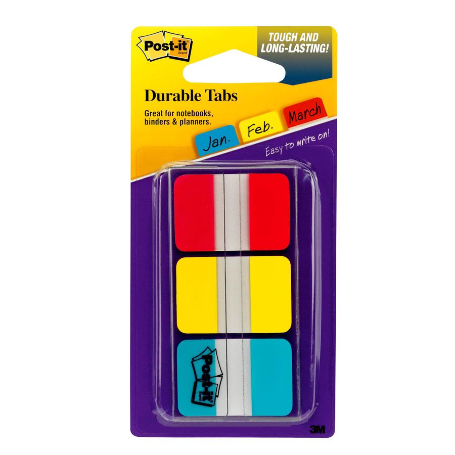 Post-it&reg; Durable Tabs - Write-on Tab(s) - 0.98" Tab Height x 1" Tab Width - Self-adhesive, Removable - Red, Yellow, Blue, Neon Tab(s) - Wear Resistant, Tear Resistant, Durable, Writable, Repositio. Picture 7