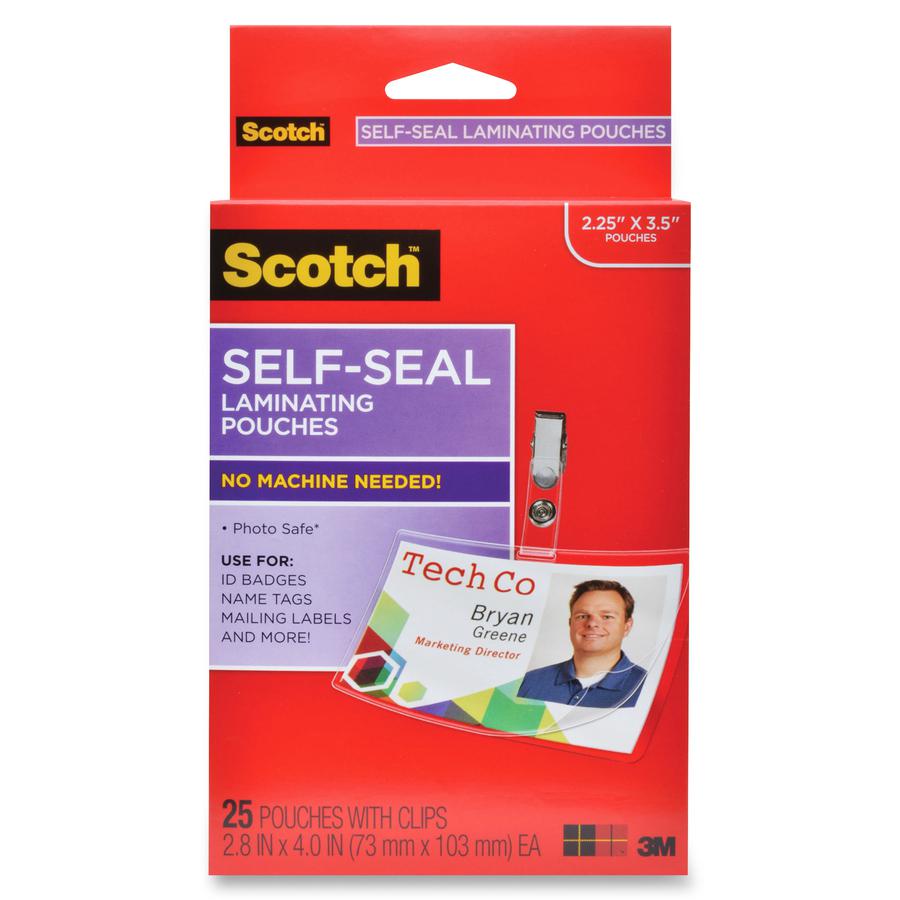 Scotch Self-Laminating ID Clip-Style Pouches - Support 4" x 2.80" Media - Horizontal - 25 / Pack - Clear. Picture 5
