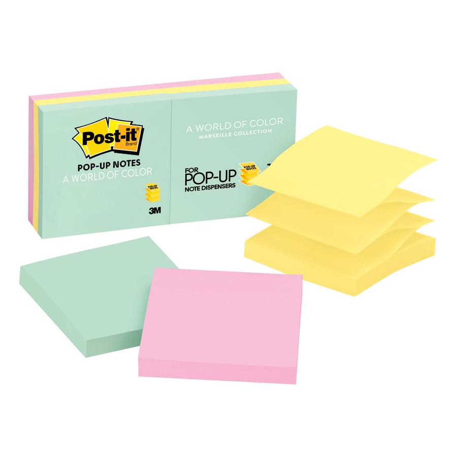 Post-it&reg; Pop-up Notes - Marseille Color Collection - 600 - 3" x 3" - Square - 100 Sheets per Pad - Unruled - Assorted - Paper - Pop-up, Self-adhesive, Repositionable - 6 / Pack. Picture 2