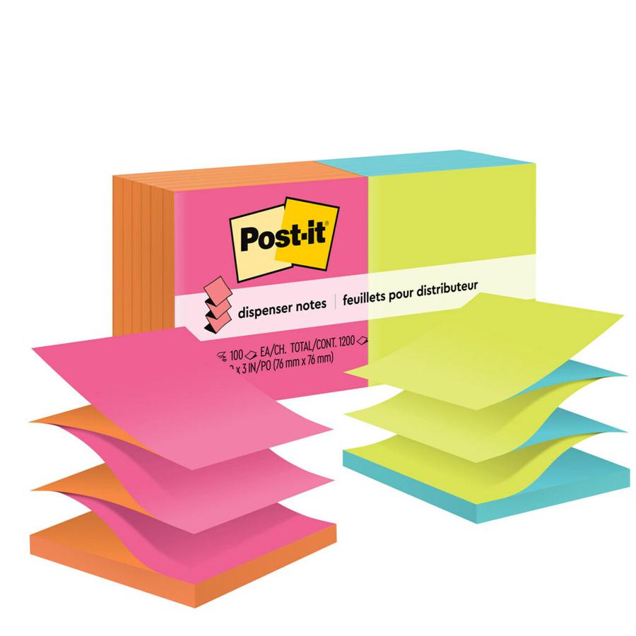Post-it&reg; Dispenser Notes - 1200 - 3" x 3" - Square - 100 Sheets per Pad - Unruled - Power Pink, Vital Orange, Acid Lime, Aqua Splash - Paper - Refillable, Pop-up, Self-adhesive, Repositionable - 1. Picture 3